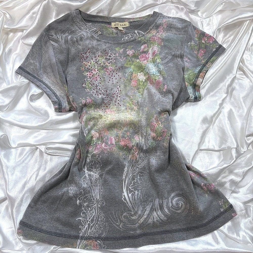 y2k Short Sleeve Top Grey Excellent Floral Rhinestone Xcit u.s.a. Fairycore XL